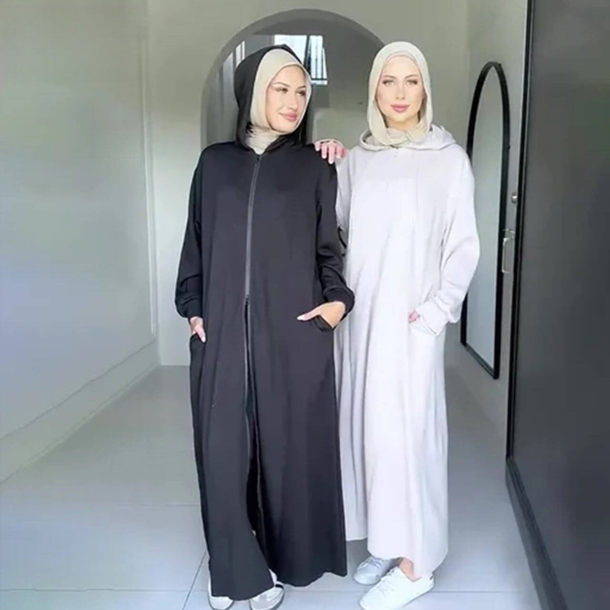 Hooded Zip - Front Abaya with Pockets(MA389) - Mariam's Collection