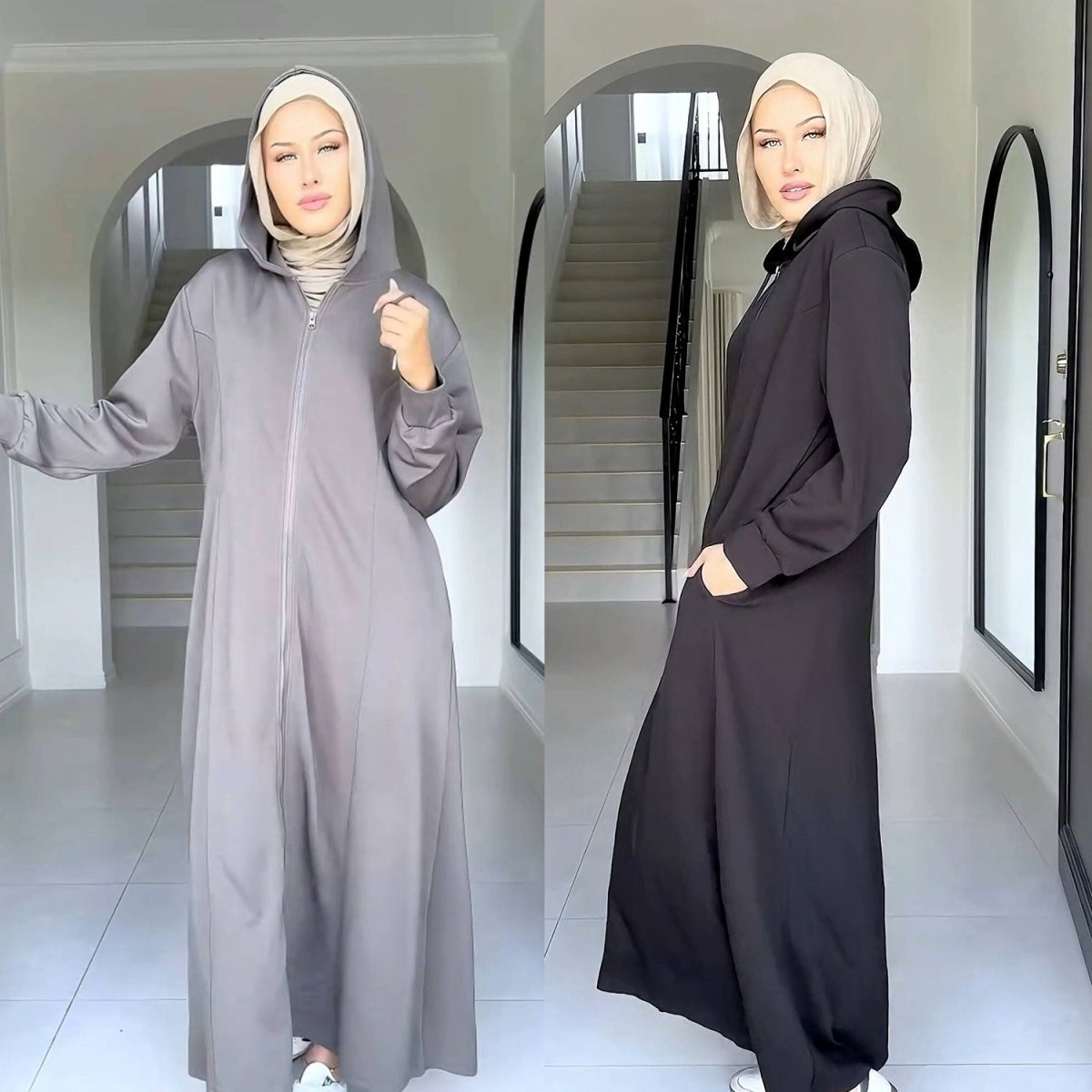 Hooded Zip - Front Abaya with Pockets(MA389) - Mariam's Collection