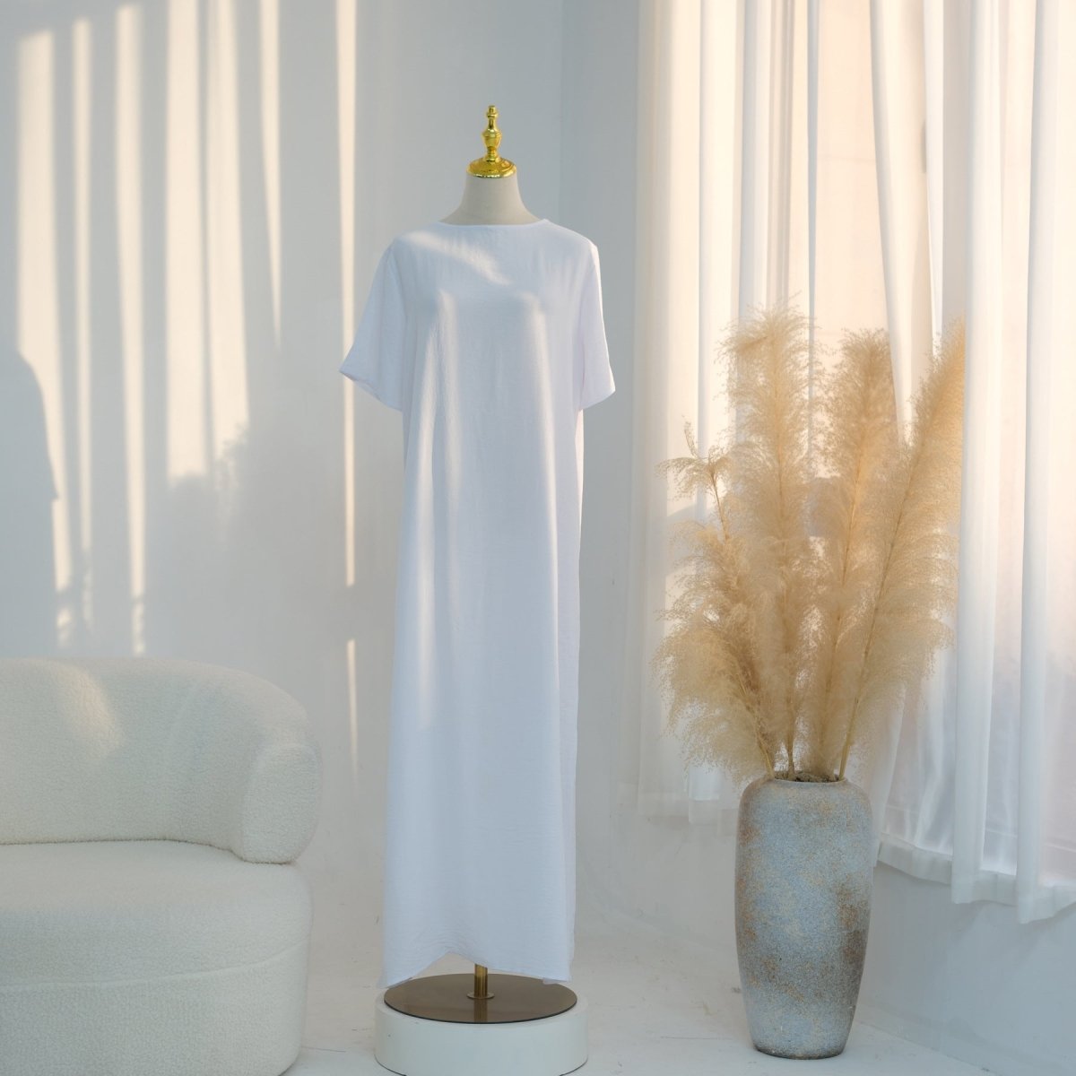 casual silk dress Ice Silk Crinkle Basic Dress – Casual Modest Dress MA392 White / S