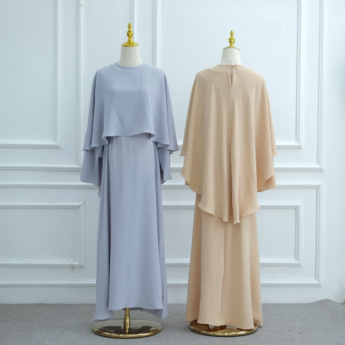Ice Silk Crinkle Cape Set | 3 - Piece Solid Color Abaya with Inner Dress & Belt(MA304) - Mariam's Collection