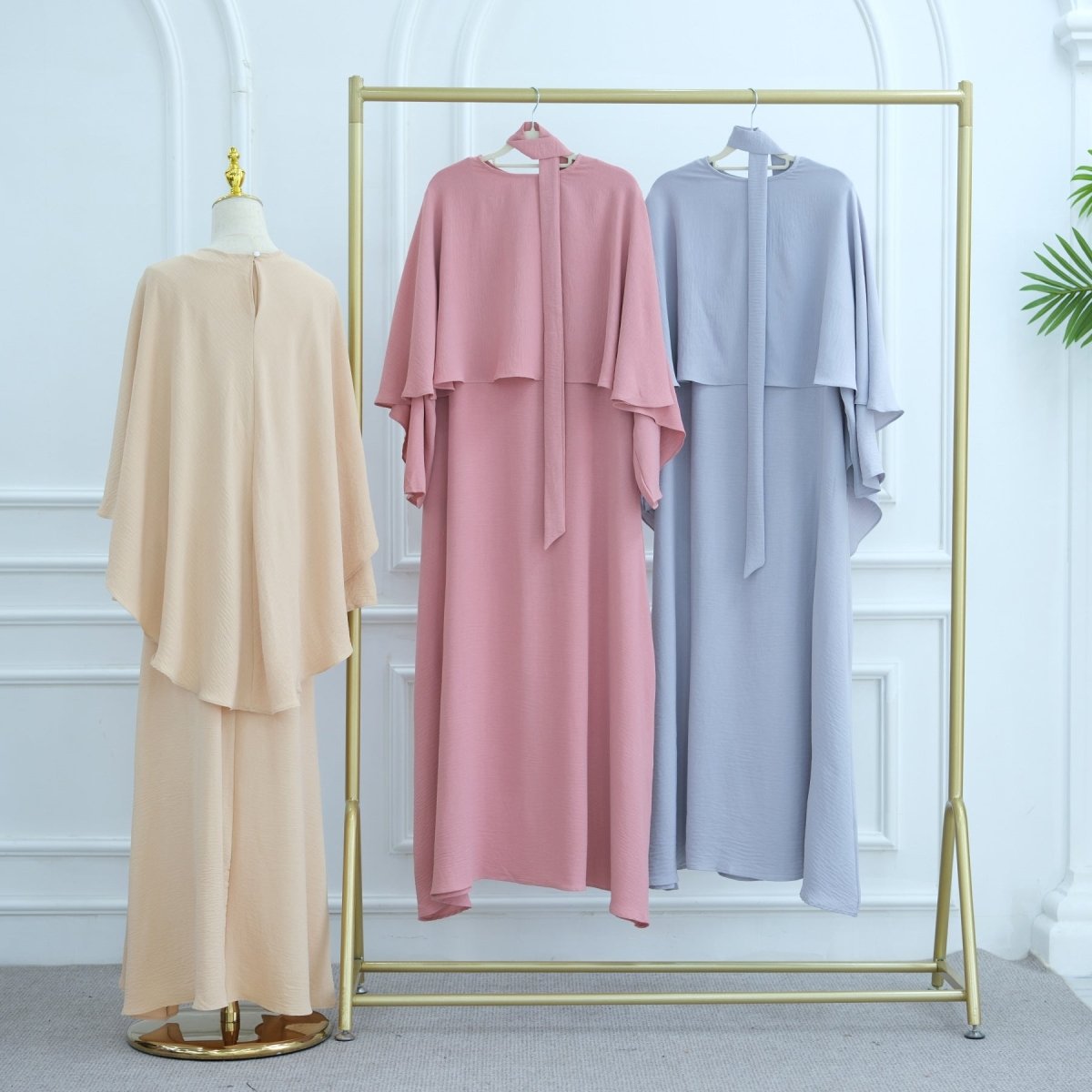Ice Silk Crinkle Cape Set | 3 - Piece Solid Color Abaya with Inner Dress & Belt(MA304) - Mariam's Collection