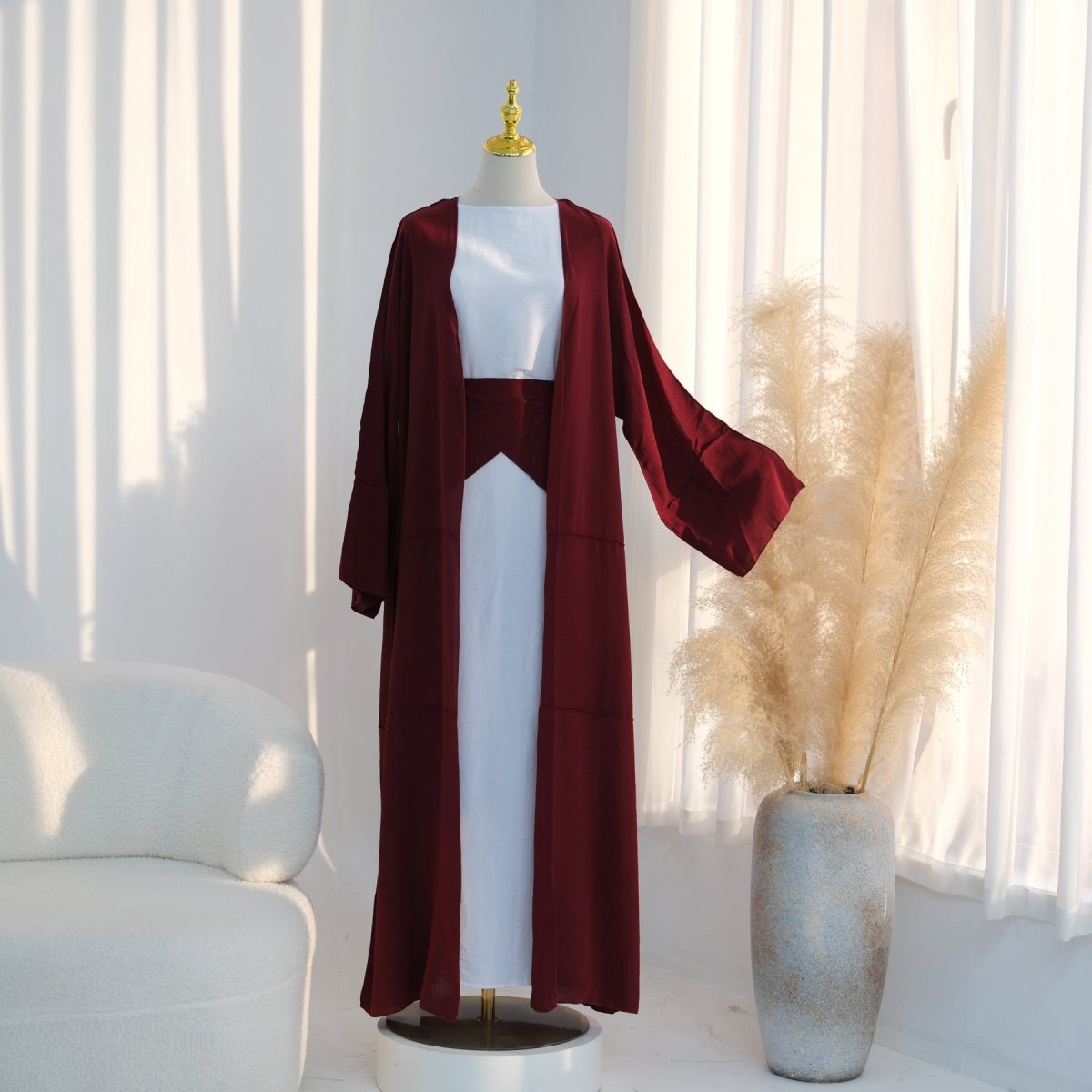 Ice Silk Crinkle Open Abaya with Wide Belt(MOA283) - Mariam's Collection