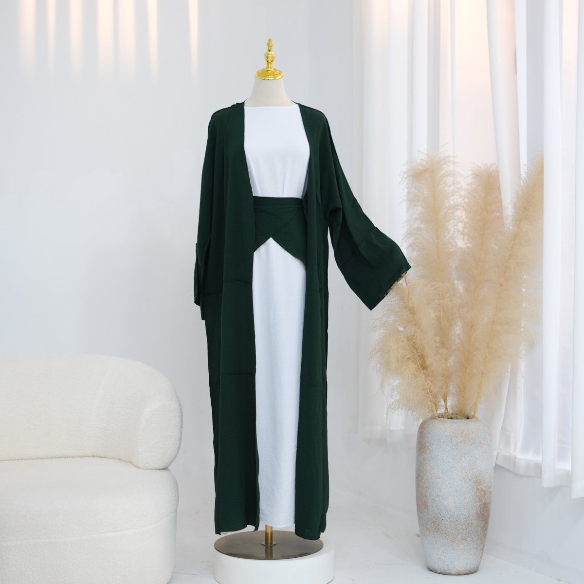 Ice Silk Crinkle Open Abaya with Wide Belt(MOA283) - Mariam's Collection