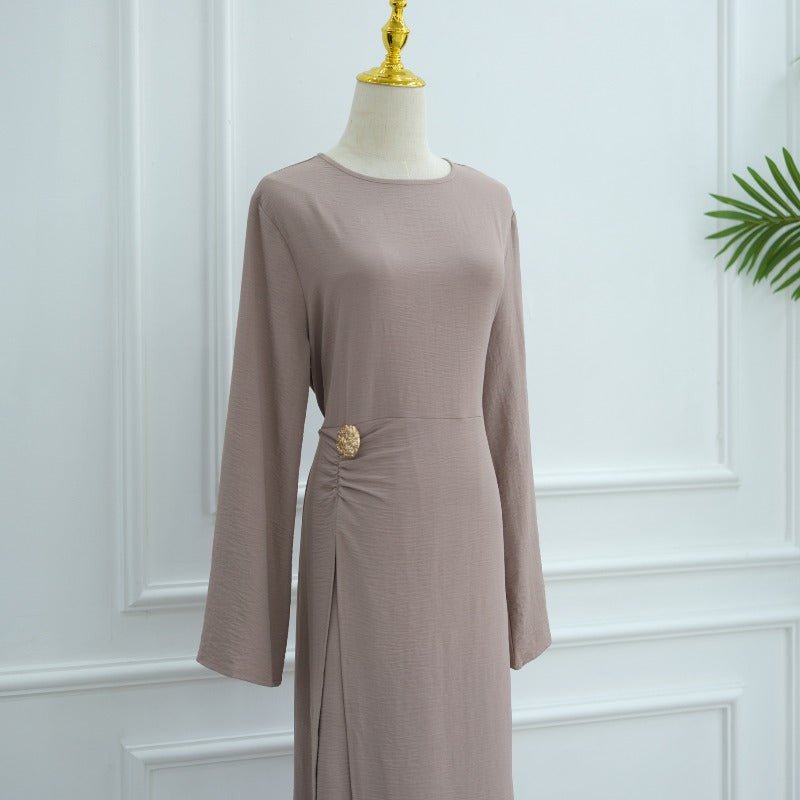 Ice Silk Crinkle Round Neck A - Line Work Dress with Decorative Button & Built - in Belt(MA308) - Mariam's Collection