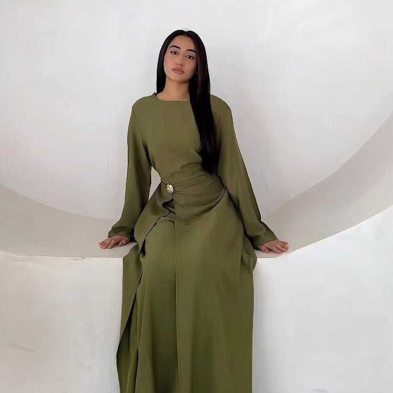 green dress with brown belt Ice Silk Crinkle Round Neck A-Line Work Dress with Decorative Button & Built-in Belt(MA308) Smoky gray / M