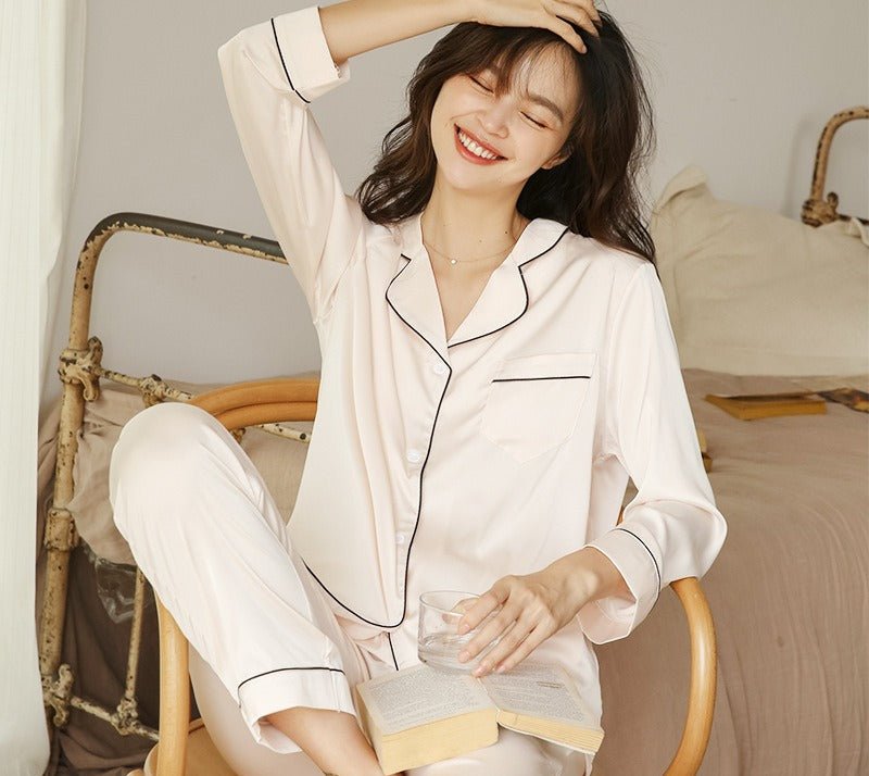 Ice Silk Women's Long Sleeve Pajama Soft & Comfortable Two - Piece Set(MS084) - Mariam's Collection