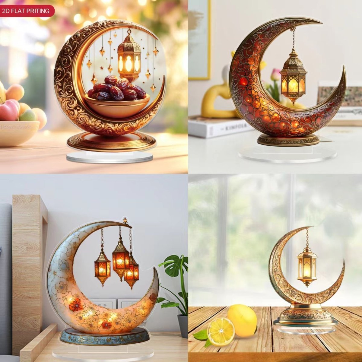 Islamic Crescent with Islamic Motifs Acrylic Desktop Ornament (MAC398) - Mariam's Collection