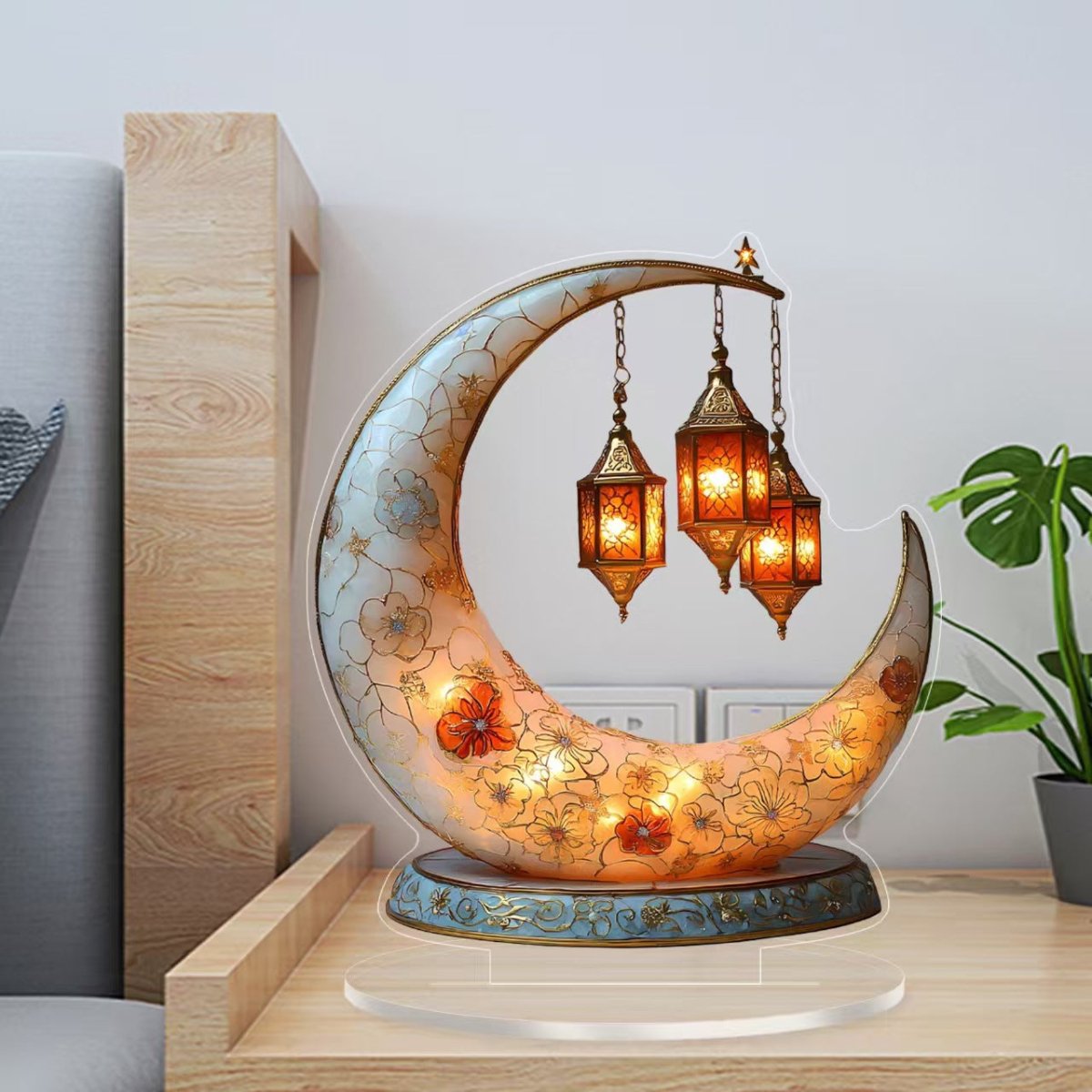 Islamic Crescent with Islamic Motifs Acrylic Desktop Ornament (MAC398) - Mariam's Collection