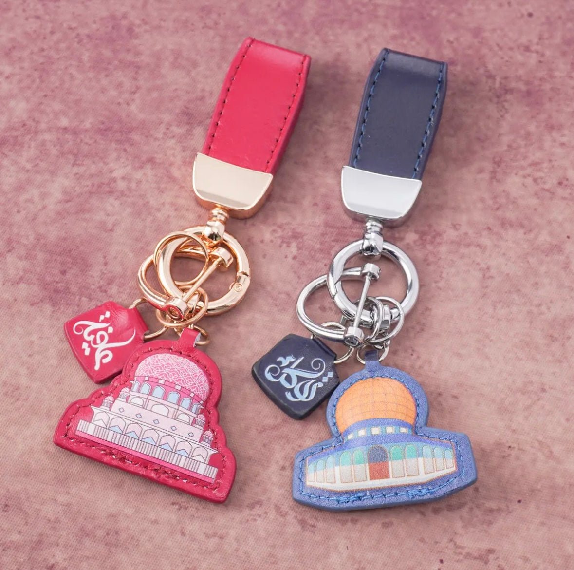 Islamic Leather Keychain with Arabic Calligraphy & Mosque Pendant Sheepskin Keychain (MAC284) - Mariam's Collection
