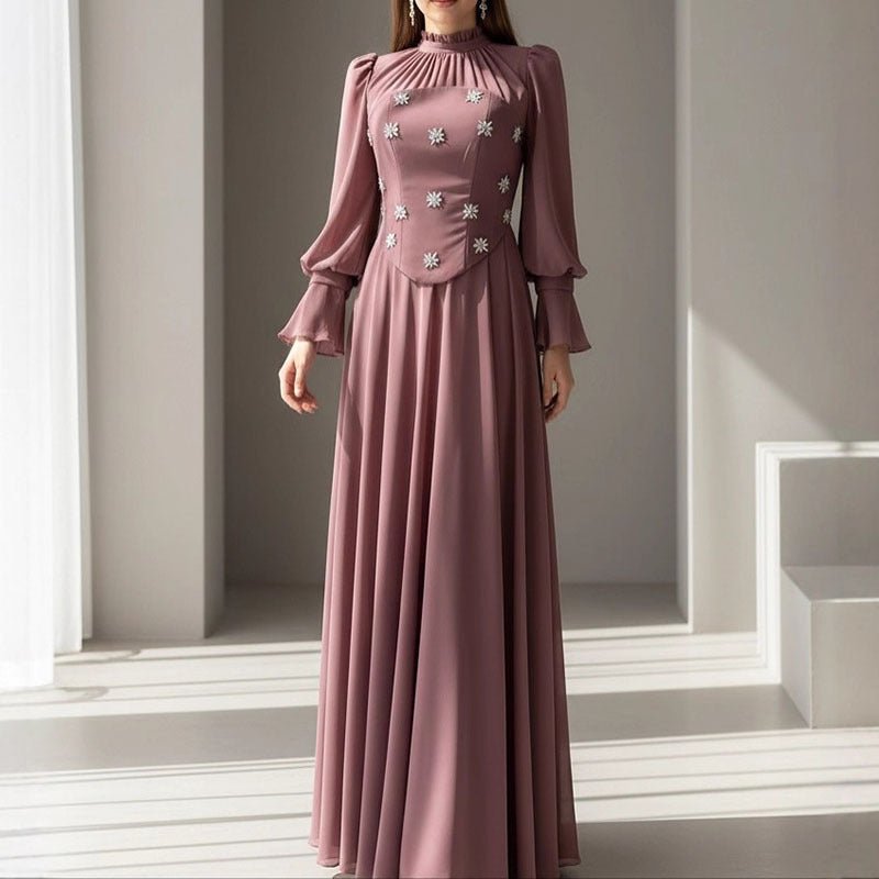 Jewel Embellished Maxi Dress — Victorian Crystal Modest Evening Gown