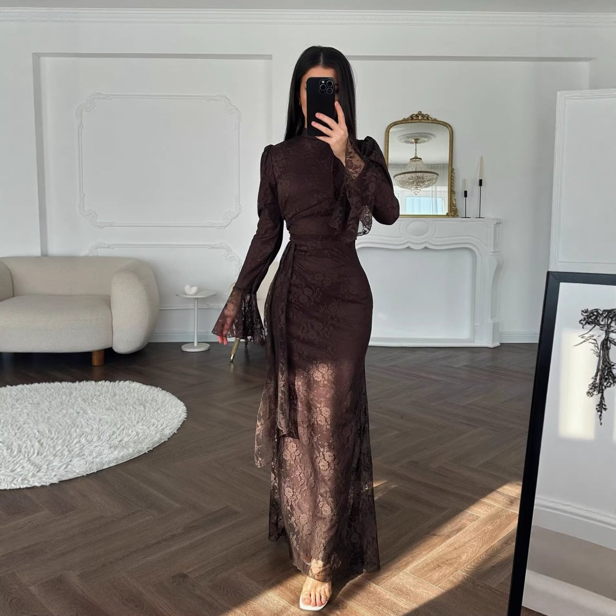 Lace Bodycon Evening Dress with Bell Sleeves(MS391) - Mariam's Collection