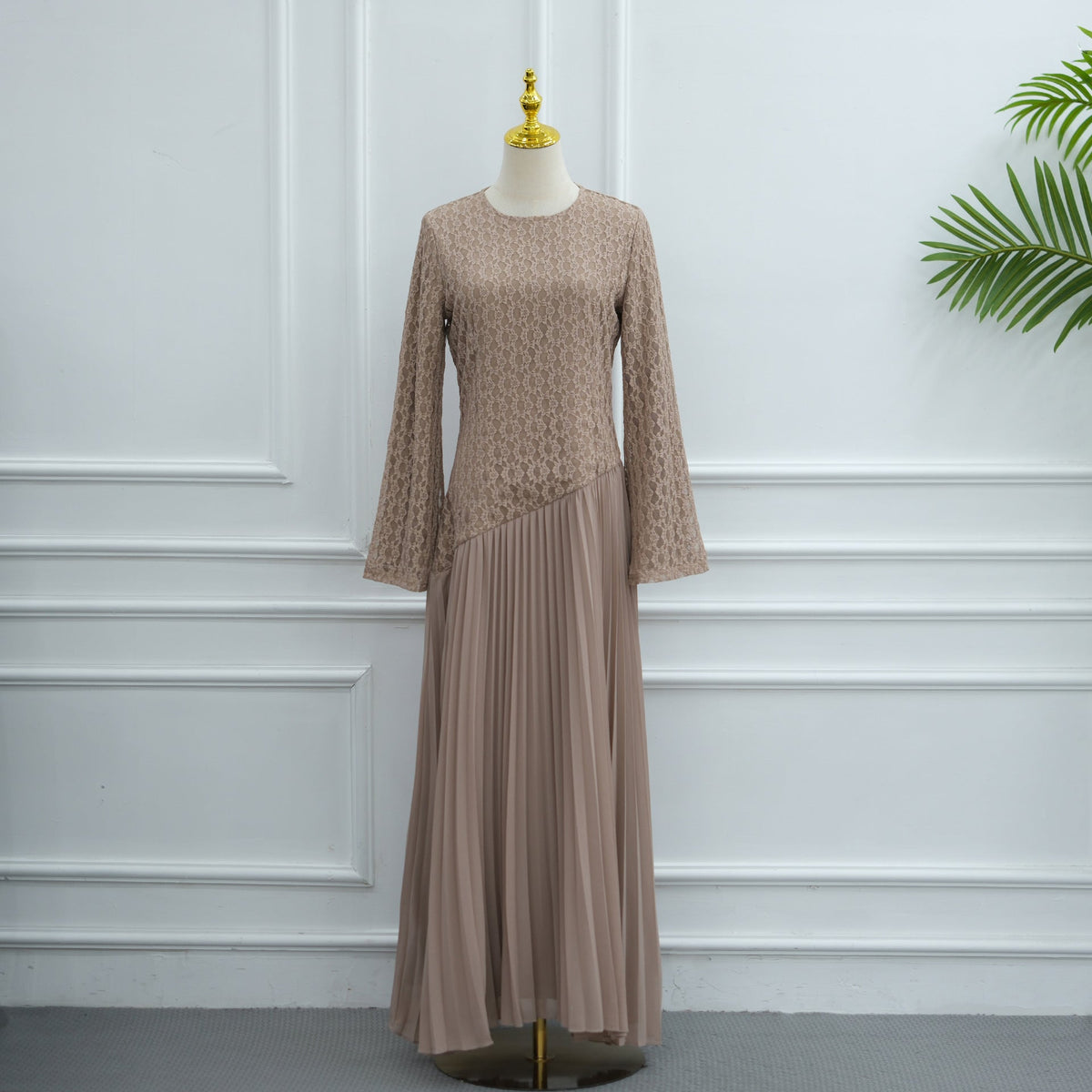 Lace Chiffon-Effect Pleated Maxi Dress | Lined Long-Sleeve Occasion Dress(MS574) - Mariam's Collection