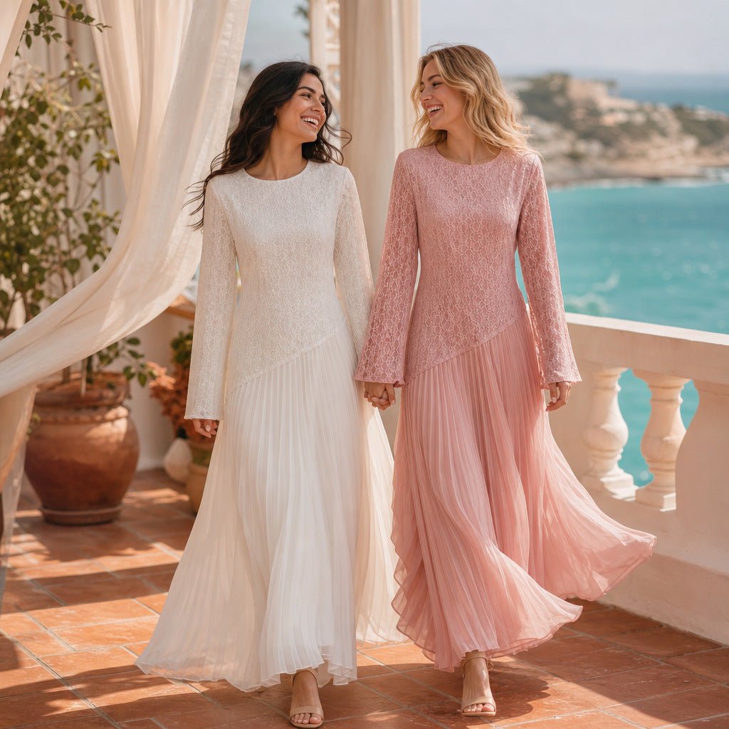 Lace Chiffon-Effect Pleated Maxi Dress | Lined Long-Sleeve Occasion Dress(MS574) - Mariam's Collection