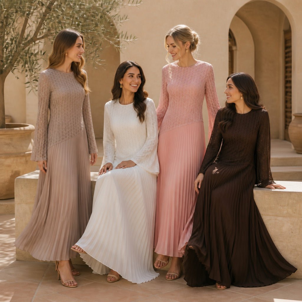 Lace Chiffon-Effect Pleated Maxi Dress | Lined Long-Sleeve Occasion Dress(MS574) - Mariam's Collection