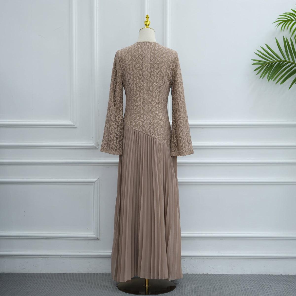 Lace Chiffon-Effect Pleated Maxi Dress | Lined Long-Sleeve Occasion Dress(MS574) - Mariam's Collection