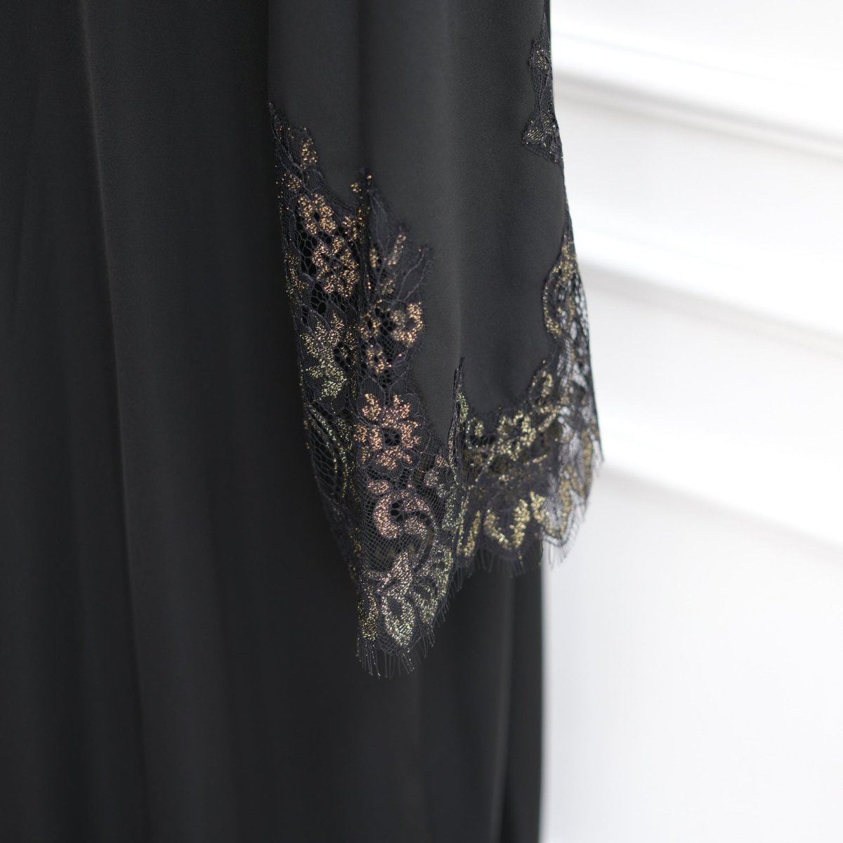 Lace-Panel Flared-Sleeve Open Abaya with Pockets(MOA332) - Mariam's Collection