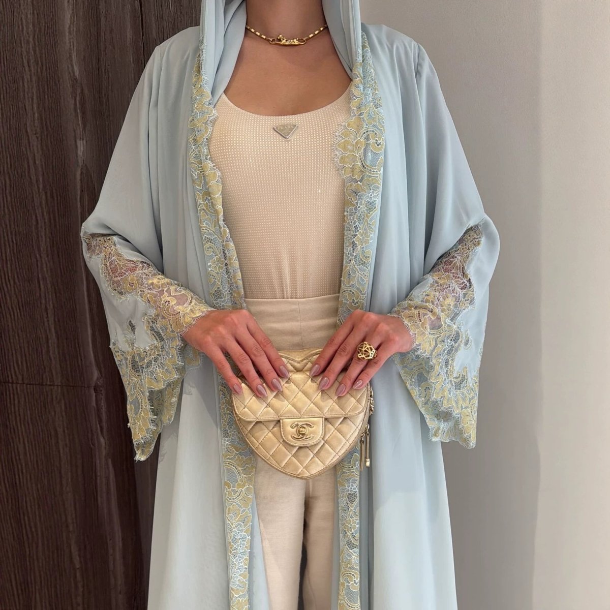 Lace-Panel Flared-Sleeve Open Abaya with Pockets(MOA332) - Mariam's Collection