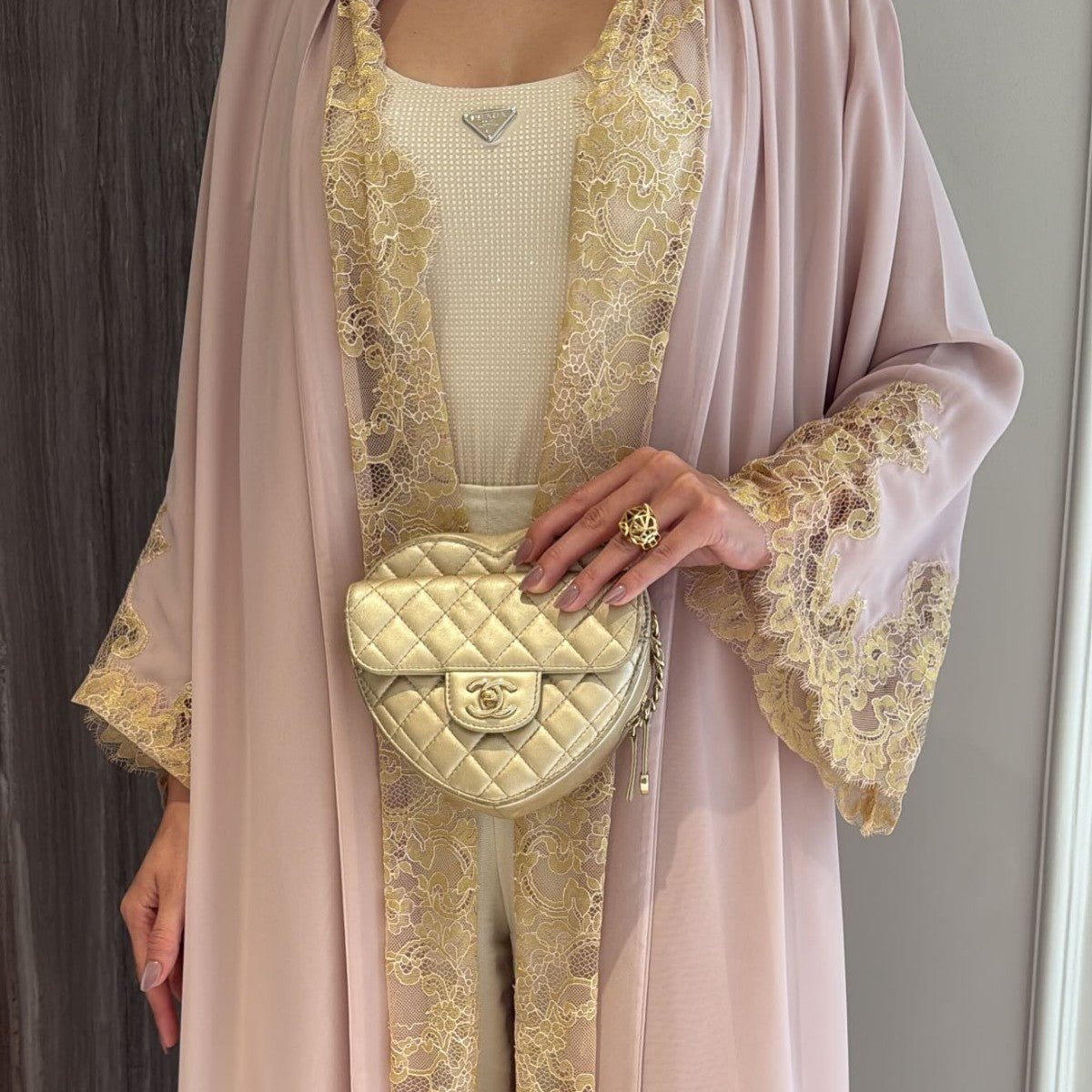 Lace-Panel Flared-Sleeve Open Abaya with Pockets(MOA332) - Mariam's Collection