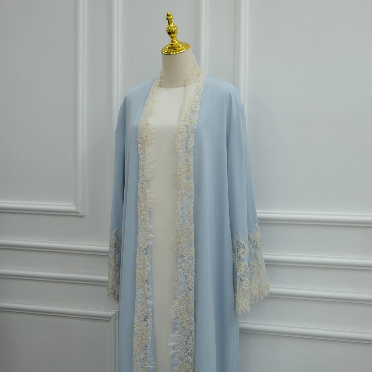 Lace-Panel Flared-Sleeve Open Abaya with Pockets(MOA332) - Mariam's Collection