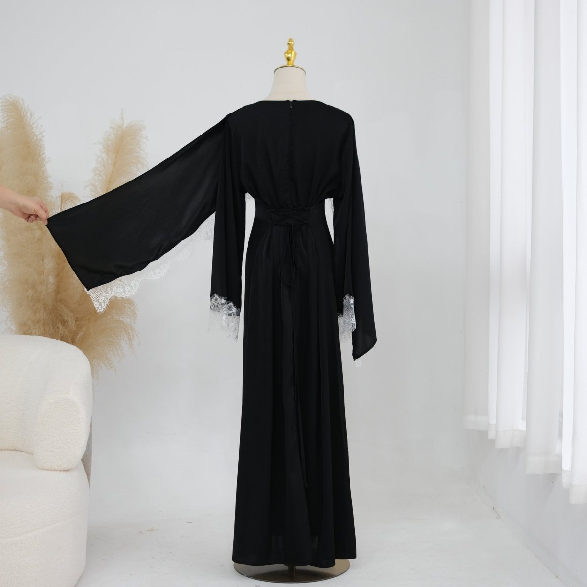 Lace Splice Satin Maxi Dress with Fixed Cape(MS438) - Mariam's Collection