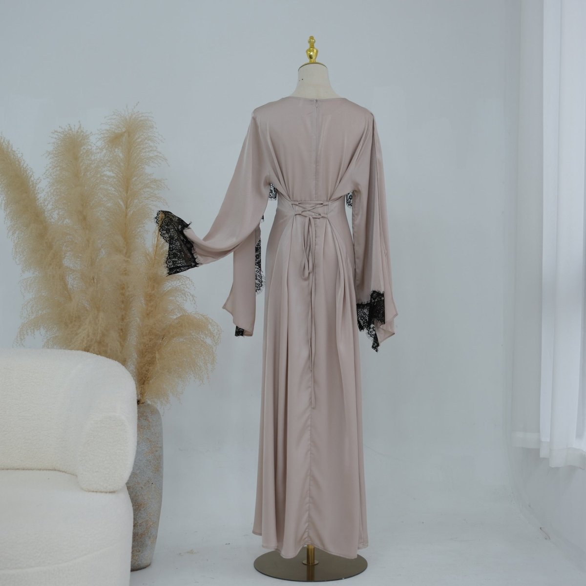 Lace Splice Satin Maxi Dress with Fixed Cape(MS438) - Mariam's Collection