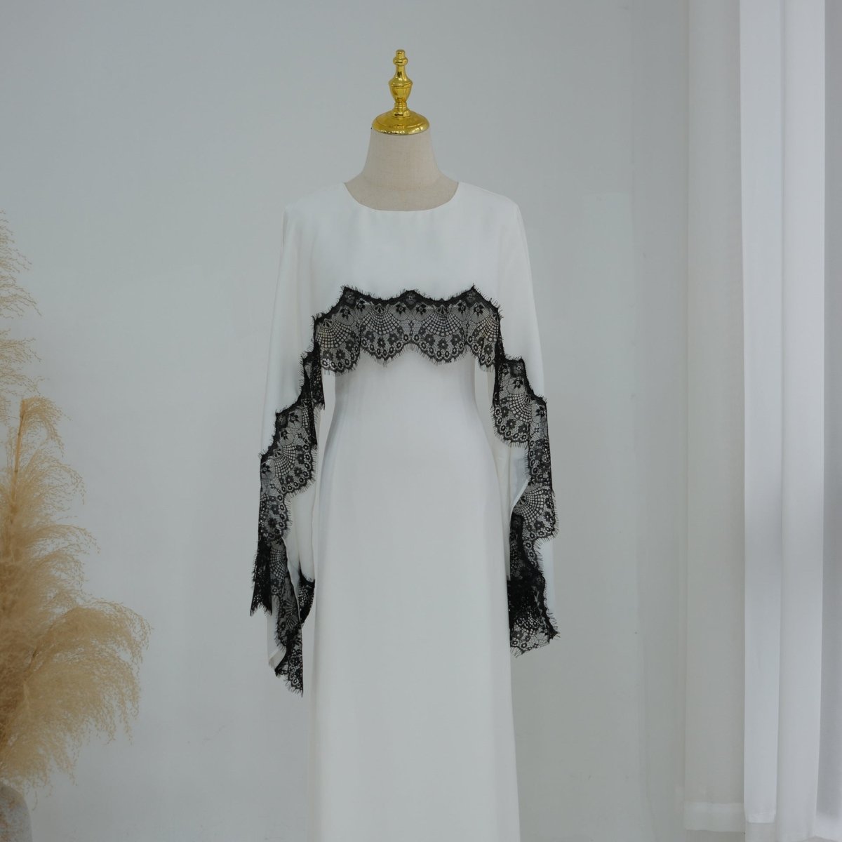 Lace Splice Satin Maxi Dress with Fixed Cape(MS438) - Mariam's Collection