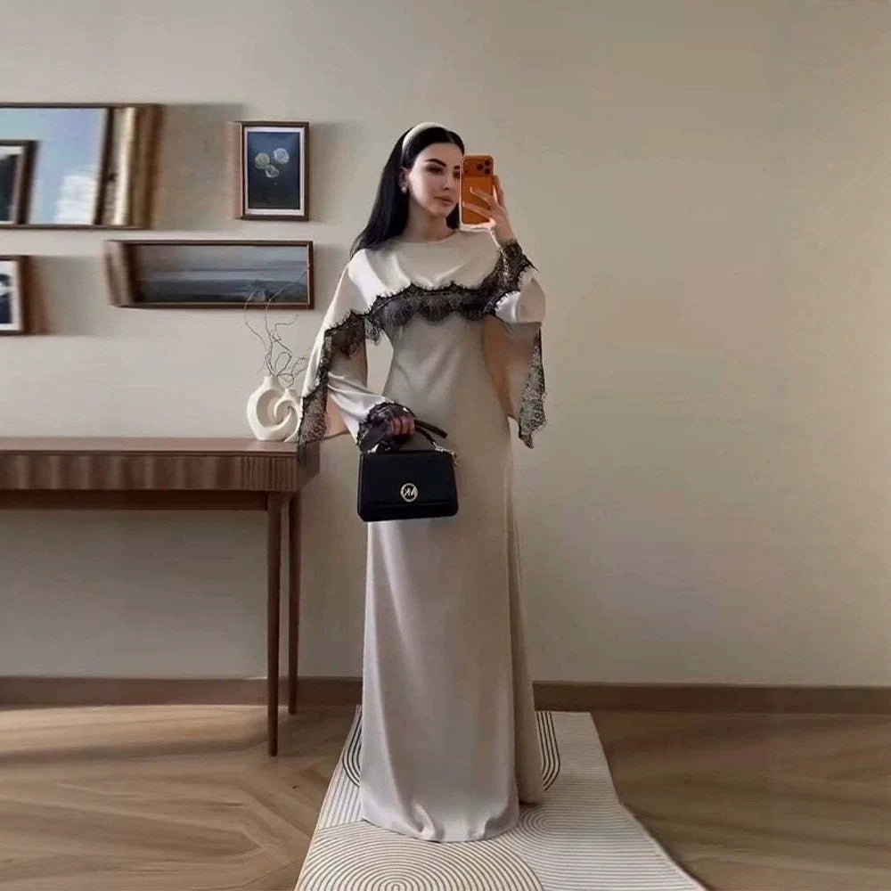 Lace Splice Satin Maxi Dress with Fixed Cape(MS438) - Mariam's Collection