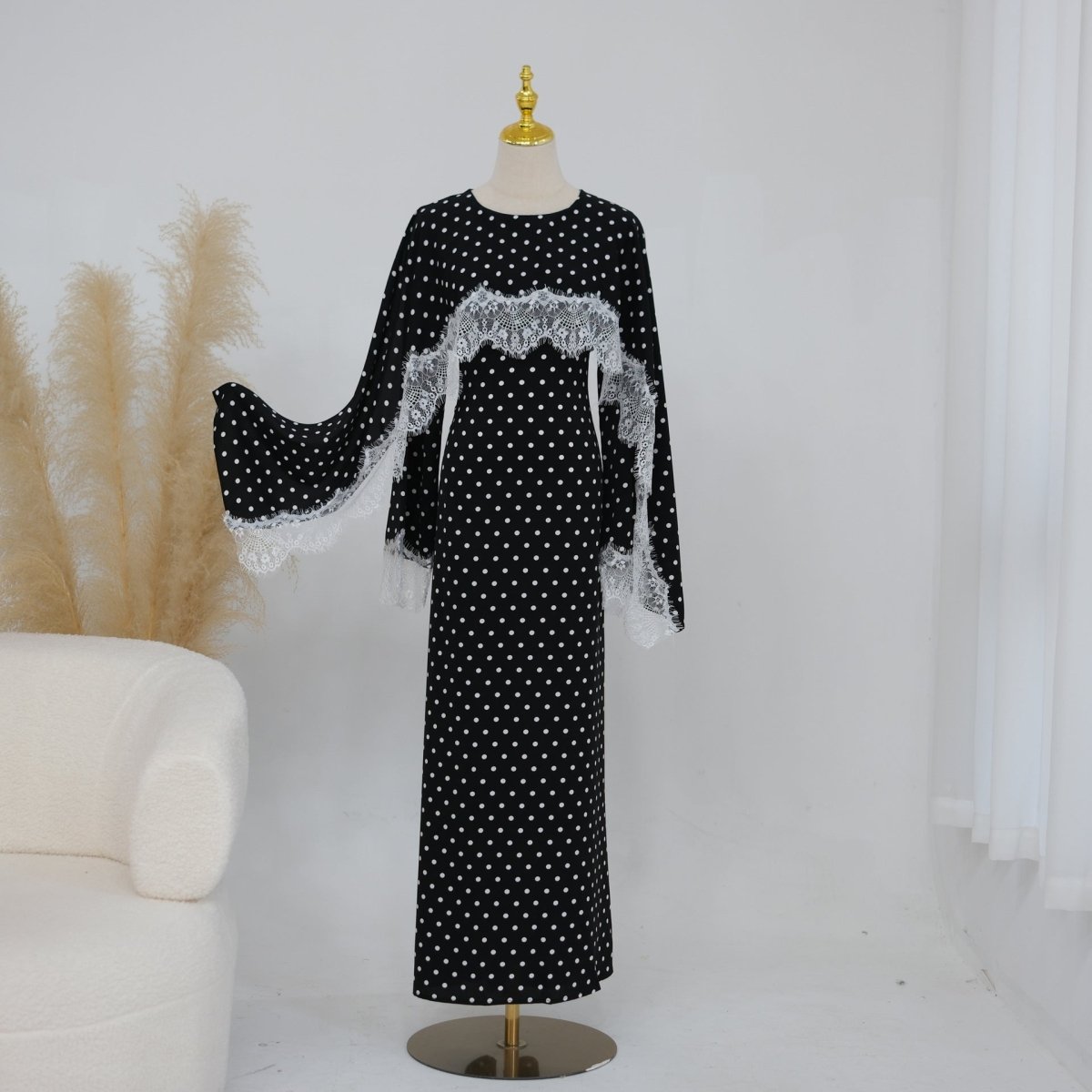 Lace Splice Satin Maxi Dress with Fixed Cape(MS438) - Mariam's Collection