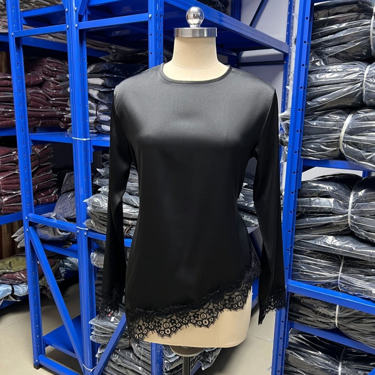 Black colourway of modest lace blouse with optional back tie belt detail