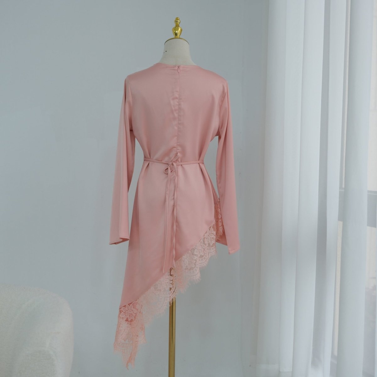 Self-tie back waist ribbon detail on satin top