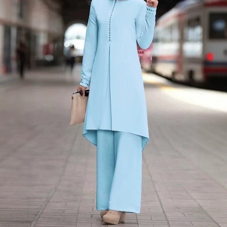 Lace-Trim Long Tunic & Wide-Leg Pants Set(MS540) - Mariam's Collection