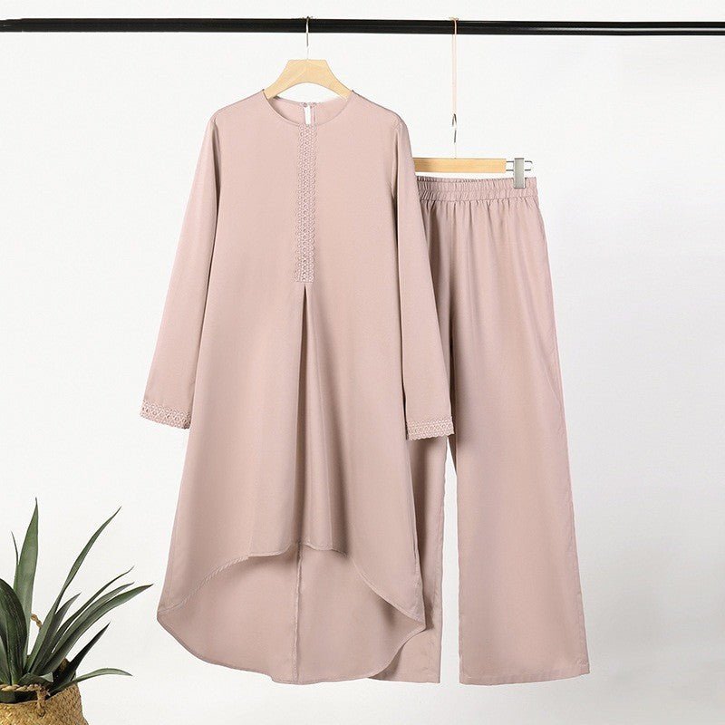 Lace-Trim Long Tunic & Wide-Leg Pants Set(MS540) - Mariam's Collection