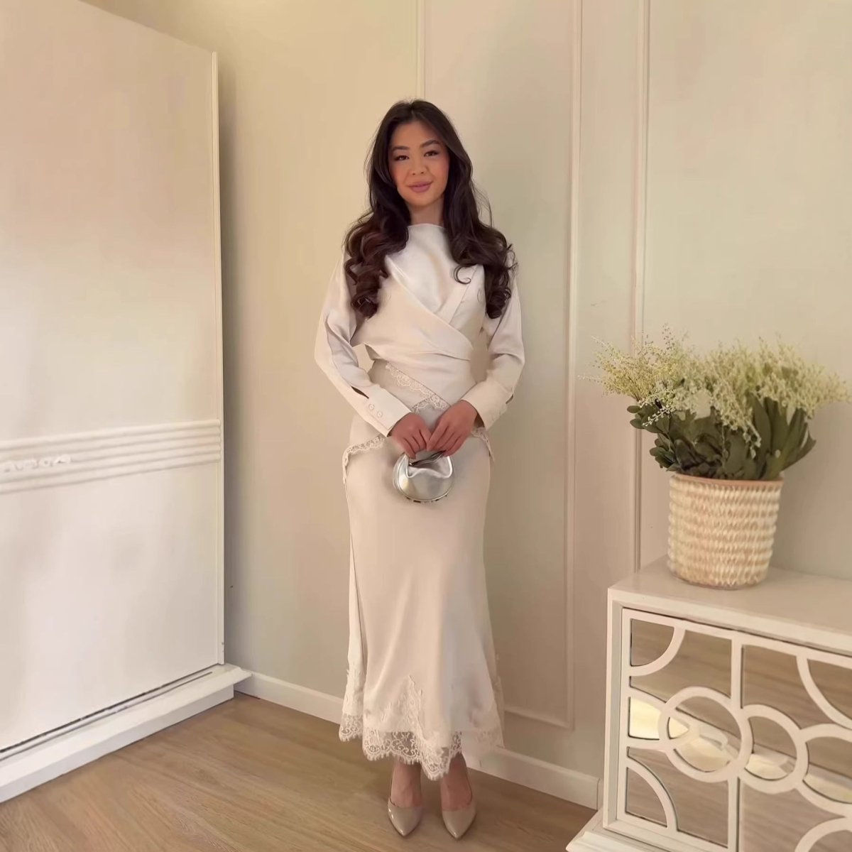 Lace Trim Wrap Top & Maxi Skirt Set — Elegant Modest Two-Piece