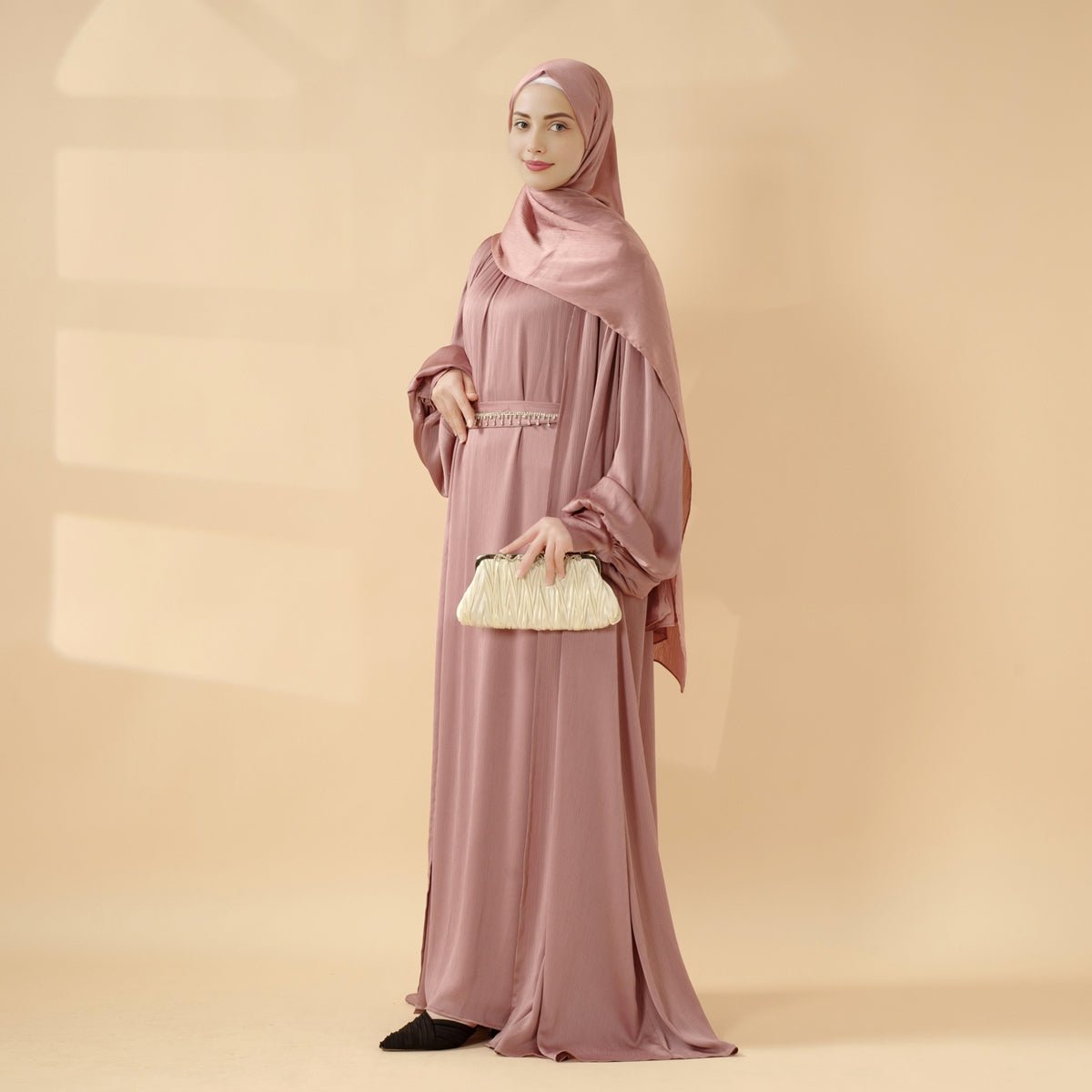Lantern Sleeve Abaya, 4 - Piece Set Large Pleated Sleeves Abaya (MOA084) - Mariam's Collection