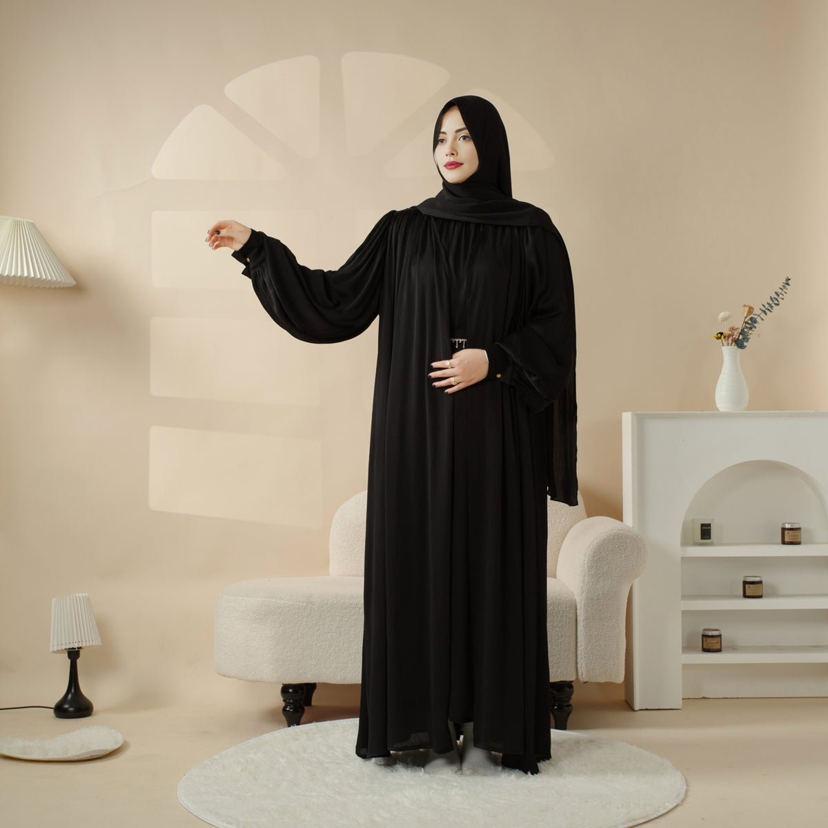 Lantern Sleeve Abaya, 4 - Piece Set Large Pleated Sleeves Abaya (MOA084) - Mariam's Collection