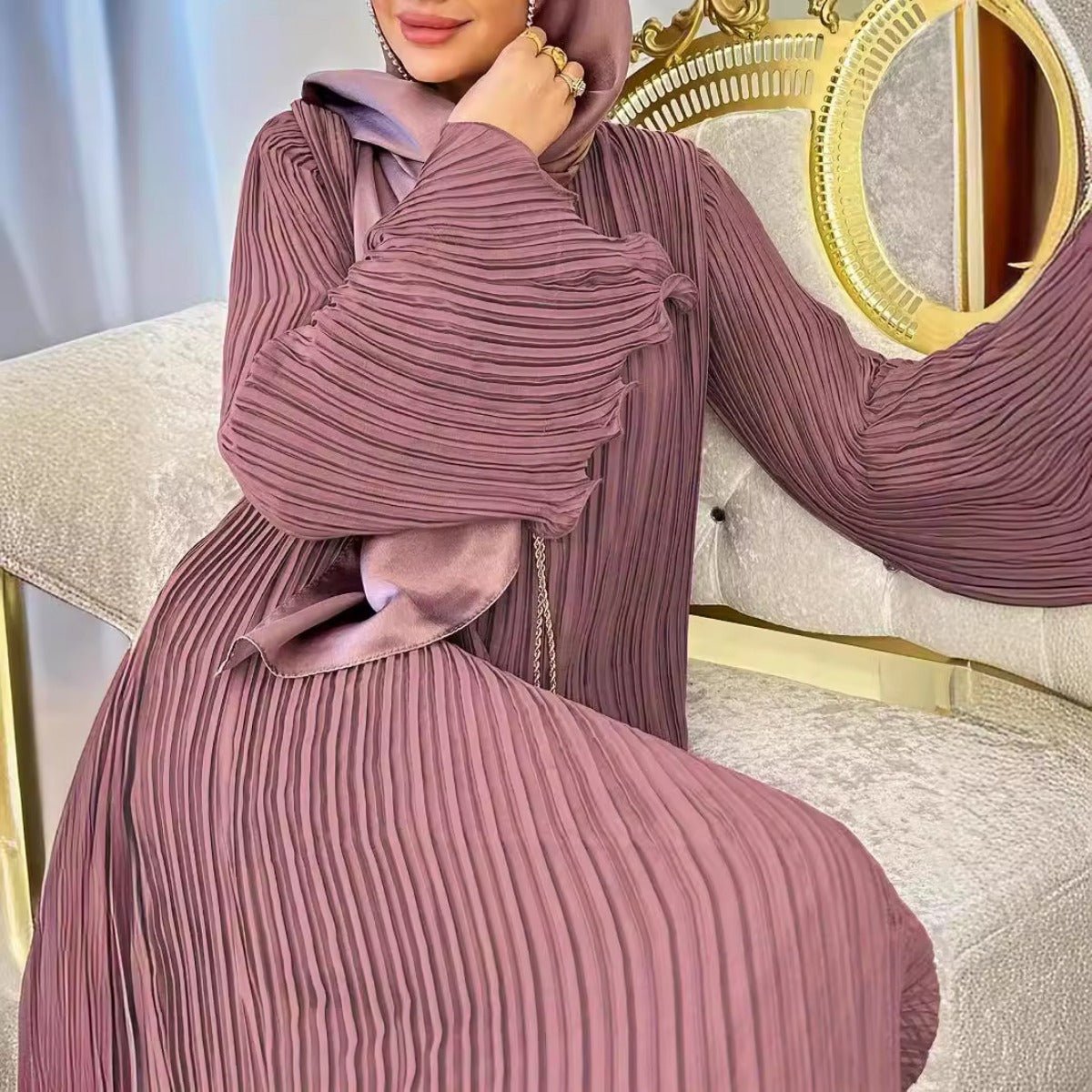 Lavender Dream Pleated Abaya | Modest Bell Sleeve Maxi Dress. (MA263) - Mariam's Collection