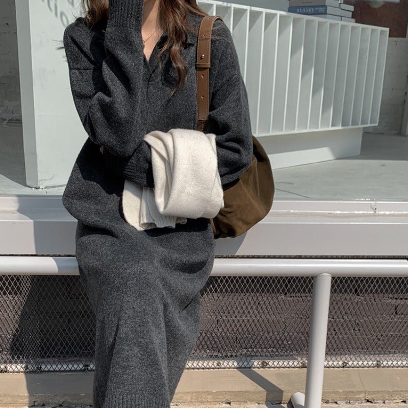 Lazy Style Polo Collar Knit Maxi Dress | Thick Sweater Base Layer Dress(MS157) - Mariam's Collection