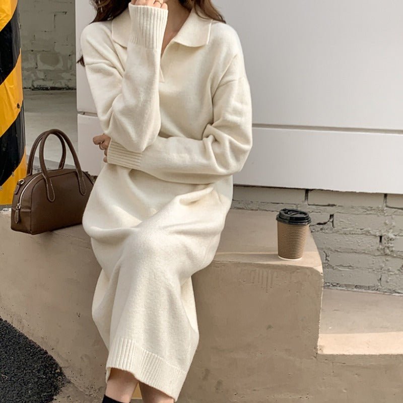 sweater layered dress Lazy Style Polo Collar Knit Maxi Dress