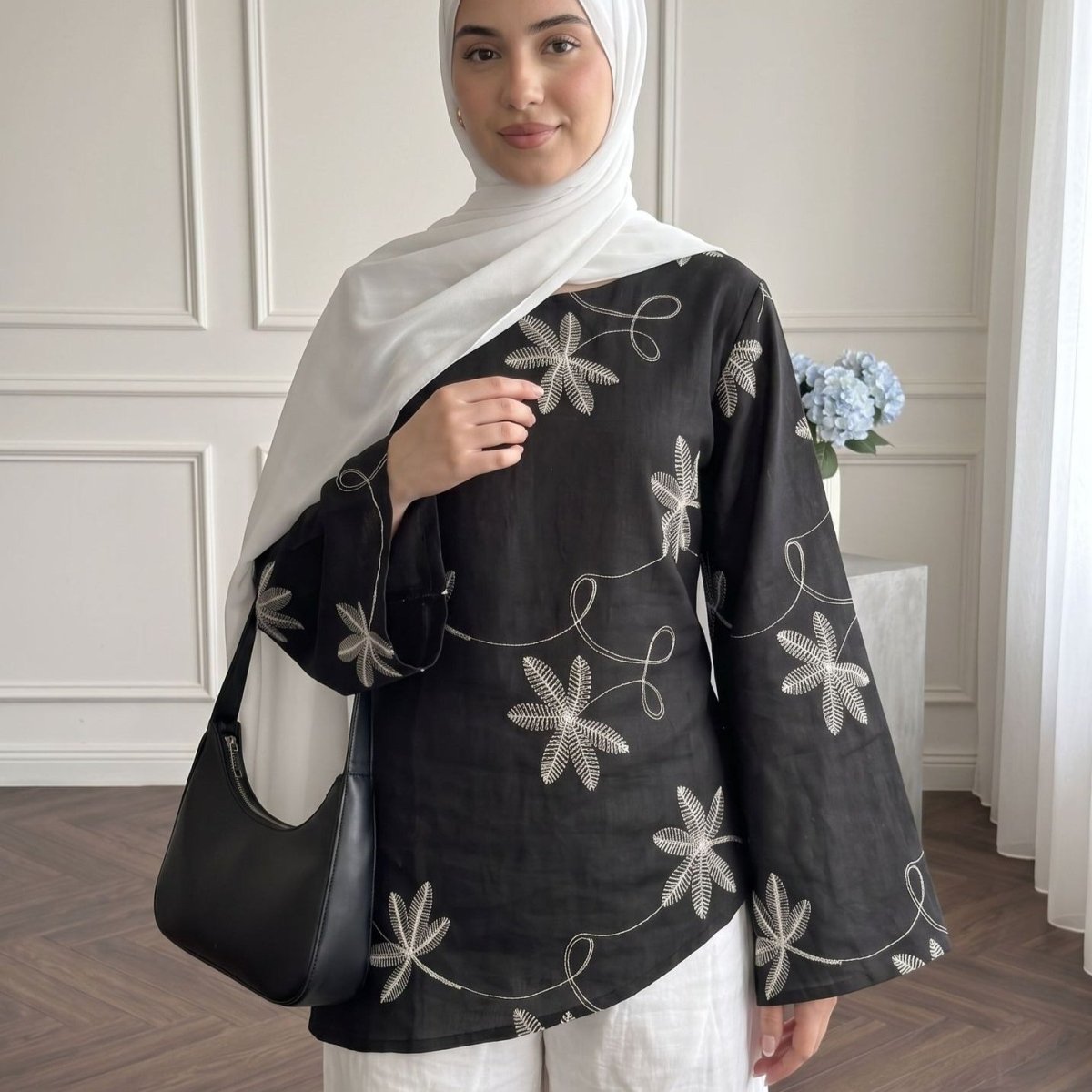 Leaf & Floral Embroidered Flared-Sleeve Asymmetric Hem Top(MS485) - Mariam's Collection