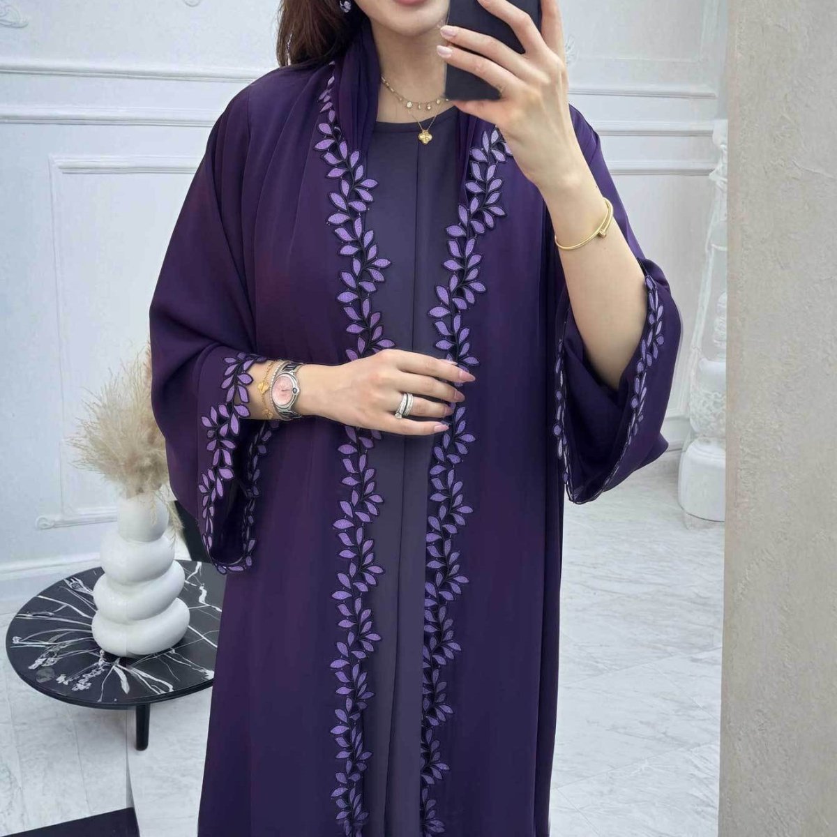Leaf Lace Trim Abaya | Elegant Embroidered Open - Front Maxi Dress(MOA255) - Mariam's Collection