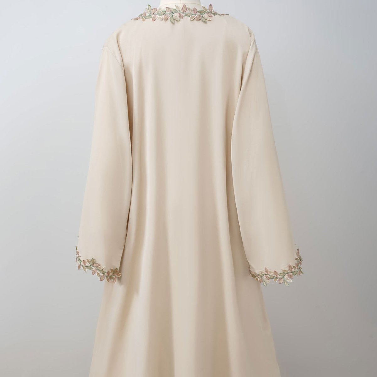 Leaf Lace Trim Abaya | Elegant Embroidered Open - Front Maxi Dress(MOA255) - Mariam's Collection