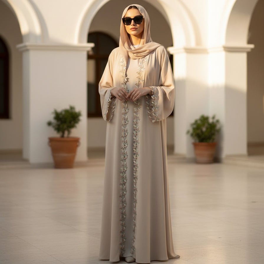 Leaf Lace Trim Abaya | Elegant Embroidered Open - Front Maxi Dress(MOA255) - Mariam's Collection