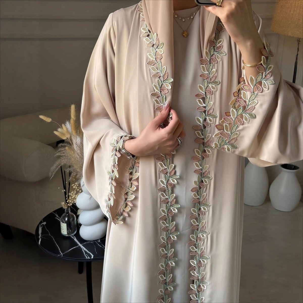 Leaf Lace Trim Abaya | Elegant Embroidered Open - Front Maxi Dress(MOA255) - Mariam's Collection