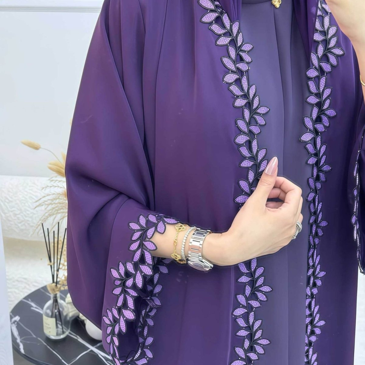 Leaf Lace Trim Abaya | Elegant Embroidered Open - Front Maxi Dress(MOA255) - Mariam's Collection