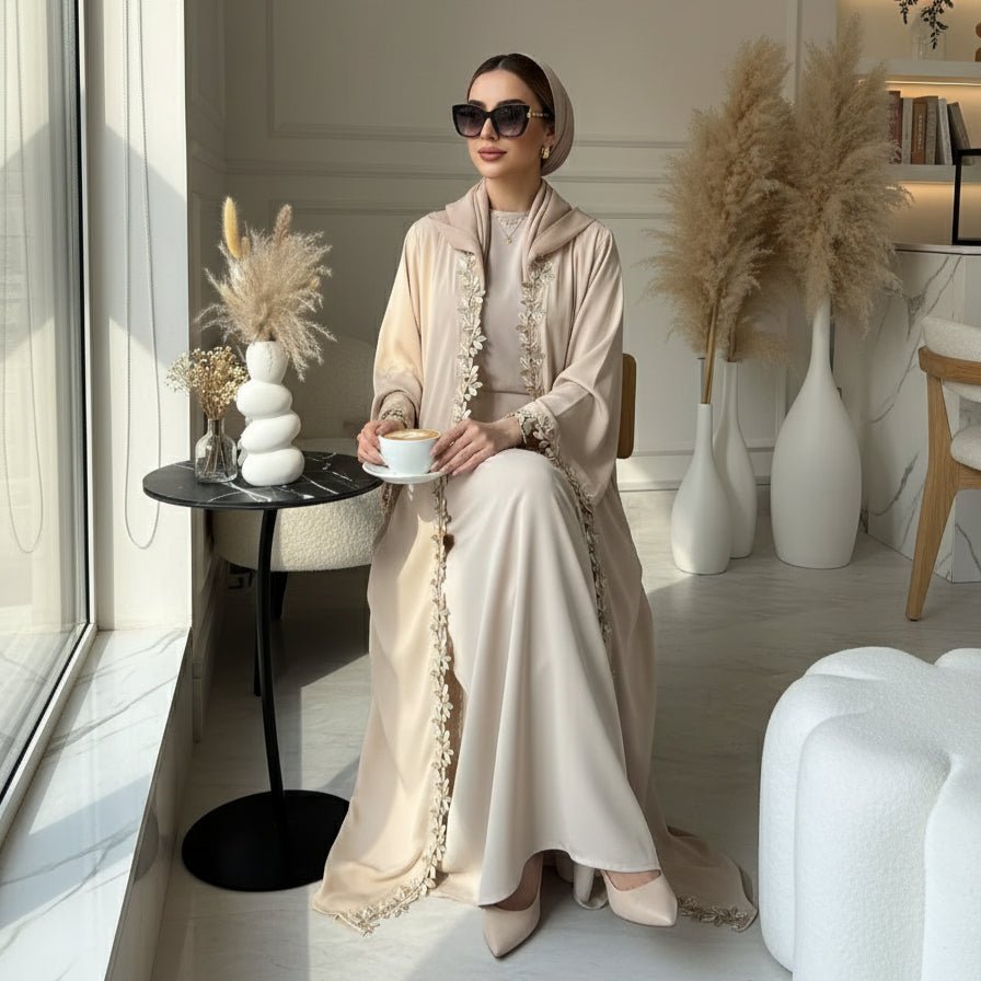 Leaf Lace Trim Abaya | Elegant Embroidered Open - Front Maxi Dress(MOA255) - Mariam's Collection