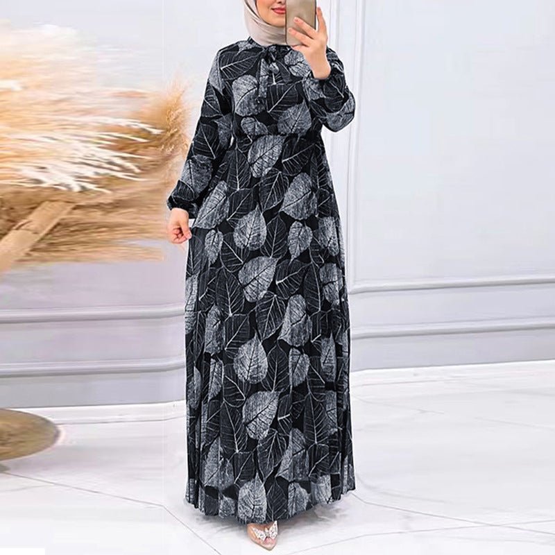 Leaf Print Chiffon Dress with Pleated Skirt(MA405) - Mariam's Collection