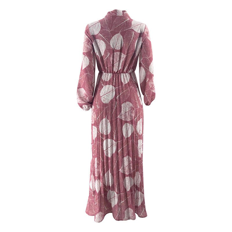 Leaf Print Chiffon Dress with Pleated Skirt(MA405) - Mariam's Collection