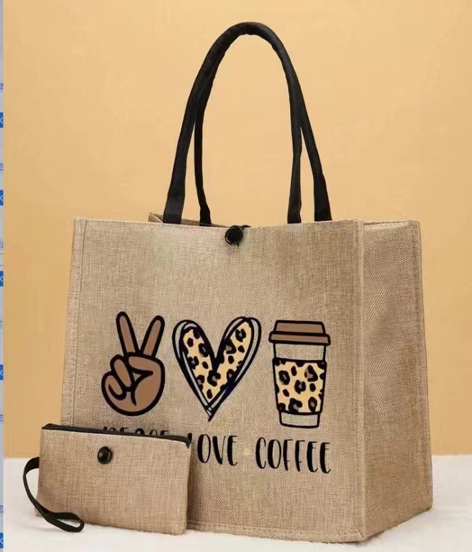 Linen Printed Tote Bag Set Natural Eco - Friendly Two - Piece Bag with Coin Purse(MAC258) - Mariam's Collection