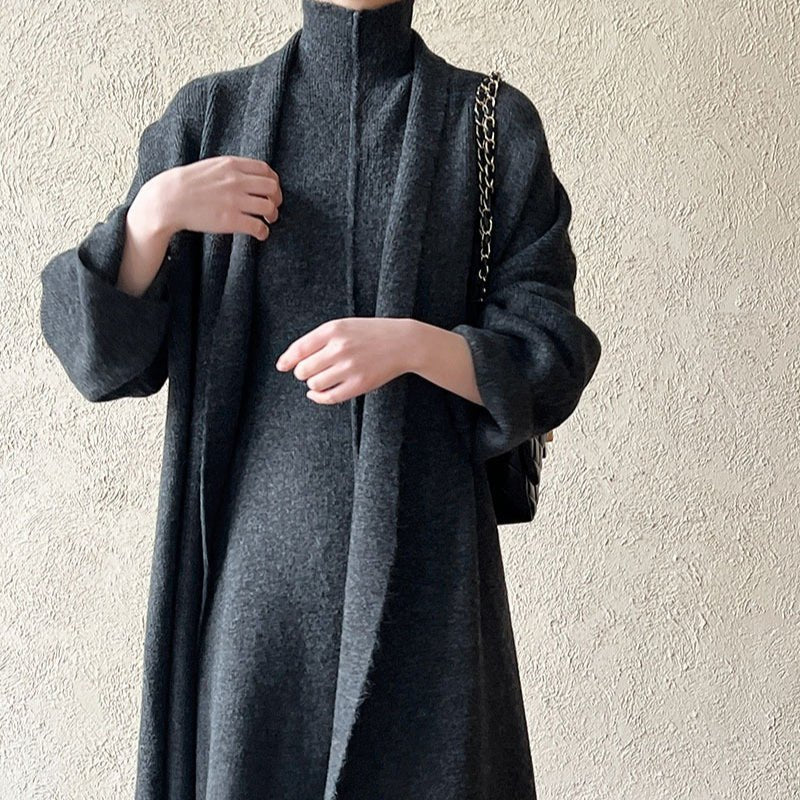 Long Knit Cardigan With Turtleneck Inner Dress For Autumn & Winter