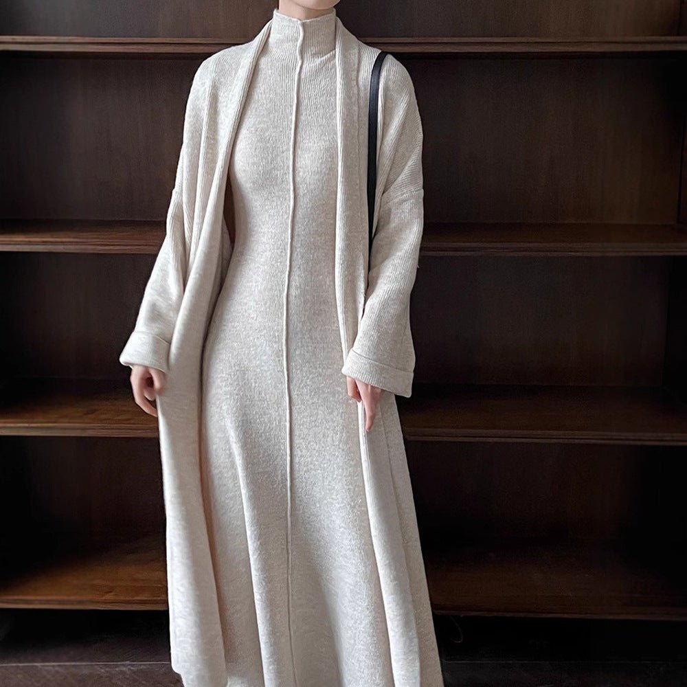 Long Knit Cardigan & Turtleneck Dress Set(MS177), Beige / Free Size Long Knit Cardigan & Turtleneck Dress Set(MS177), Beige / Free Size